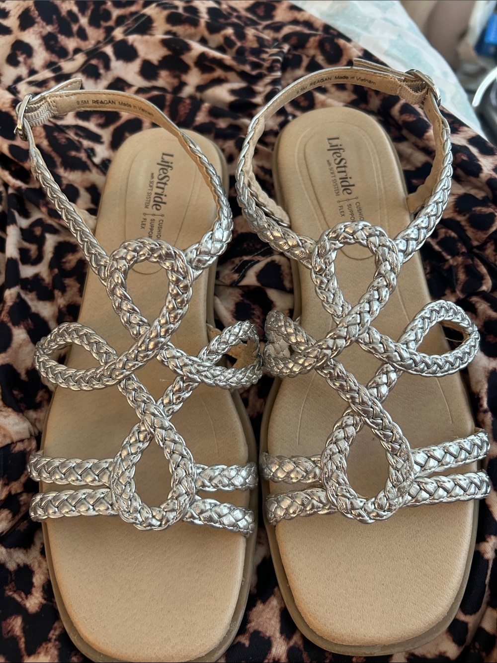 Life Stride Silver Braided Loop Comfort Sandals